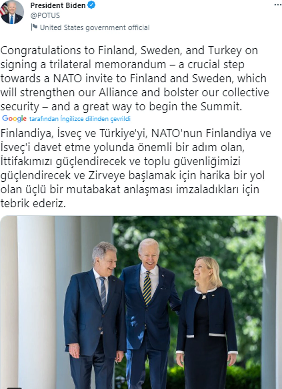 ABD Başkanı Biden’dan Türkiye, İsveç ve Finlandiya mutabakatına tebrik
