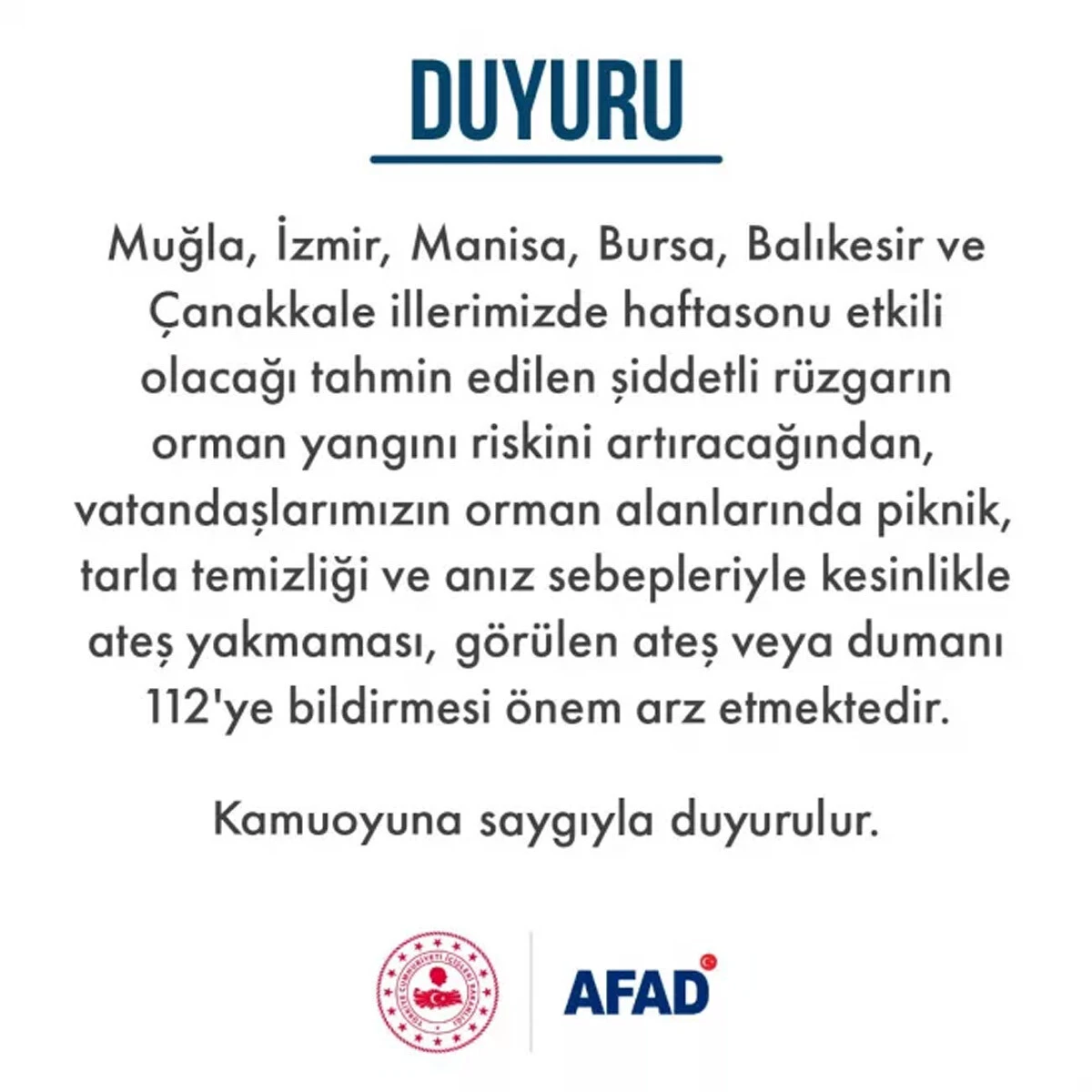 AFAD'dan 6 il için 'orman yangını' uyarısı: Şiddetli rüzgar geliyor, ateş yakmayın