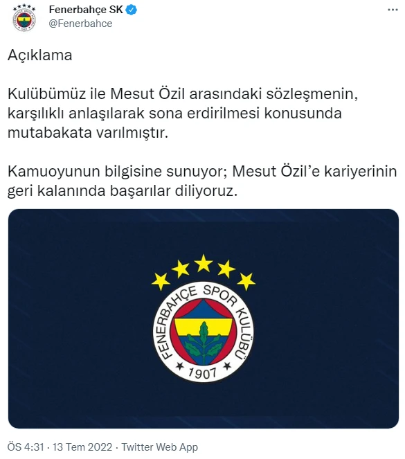 Son Dakika! Fenerbahçe, Mesut Özil'in anlaşmasını karşılıklı feshetti