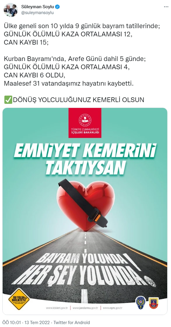 Bakan Soylu açıkladı! Kurban Bayramı'nın acı bilançosu: Trafik kazalarında 31 kişi hayatını kaybetti