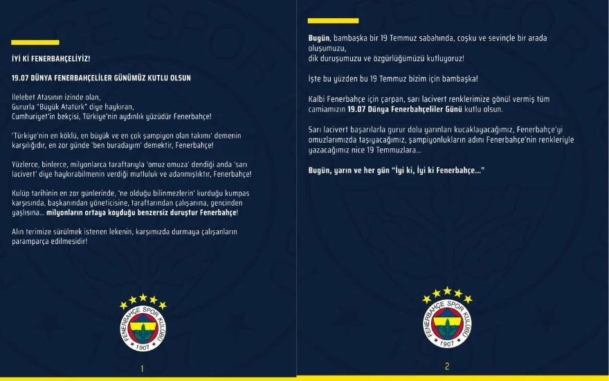 19.07 Dünya Fenerbahçeliler Günü, sözleri ve Fenerbahçe tarihi
