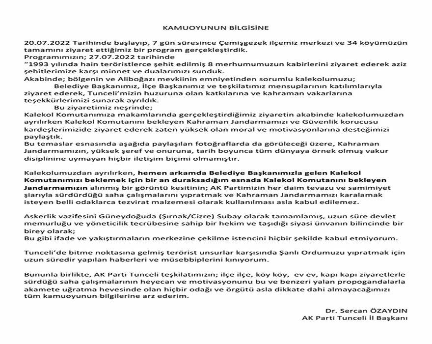 AK Parti Tunceli İl Başkanı Özaydın’ın jandarma karakol ziyaretine Valilik işlem başlattı