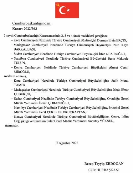 Cumhurbaşkanı Erdoğan imzaladı: 7 ülkeye büyükelçi atandı