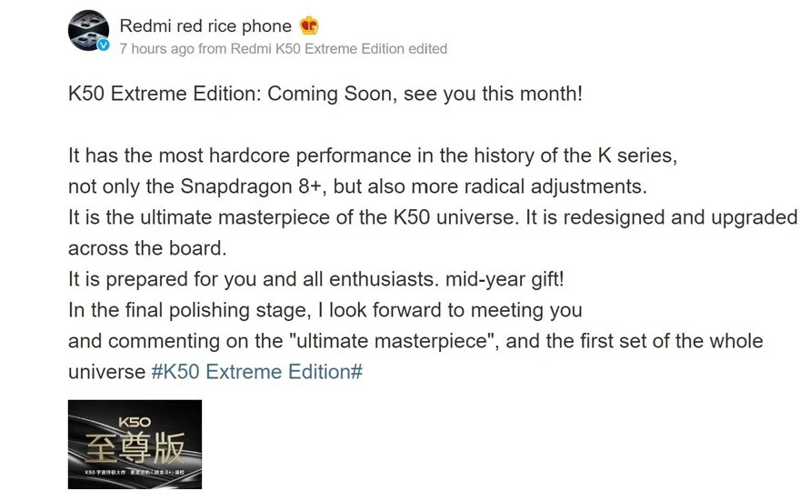 İşlemcisiyle rakip tanımayacak: Xiaomi, Redmi K50 Extreme Edition'ın çıkış tarihini onayladı!