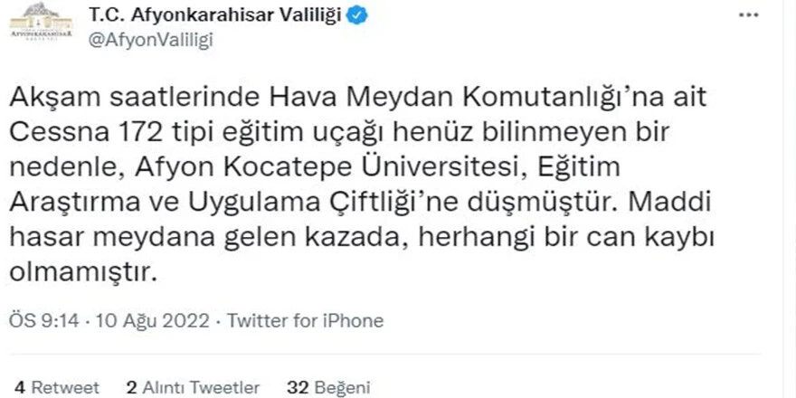 Afyonkarahisar'da eğitim uçağı düştü: 2 pilot yaralandı