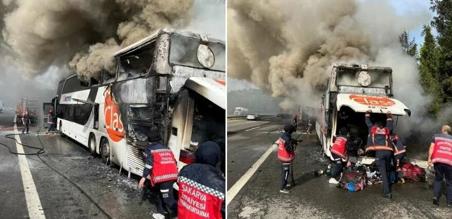 TEM Otoyolu'nda korku dolu anlar! İçi yolcu dolu otobüs alev alev yandı