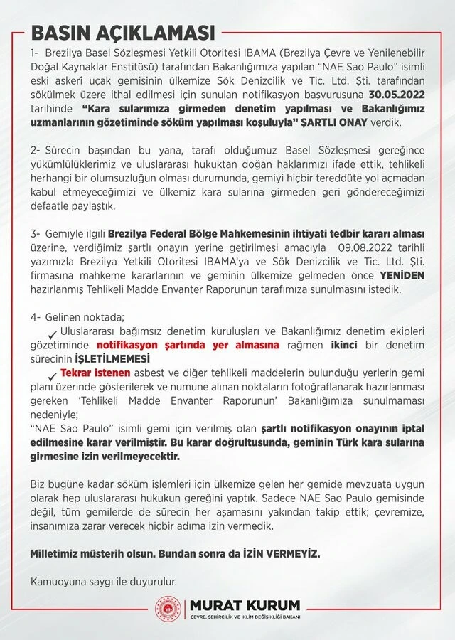 Son dakika! Bakan Kurum'dan 'asbestli gemi' açıklaması: Türk kara sularına girmesine izin verilmeyecek