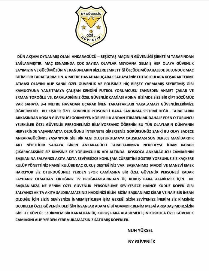 Ankaragücü-Beşiktaş maçının özel güvenlik şirketinden açıklama: Bu kişiler özel güvenlik personeli, hava savunma sistemi değil