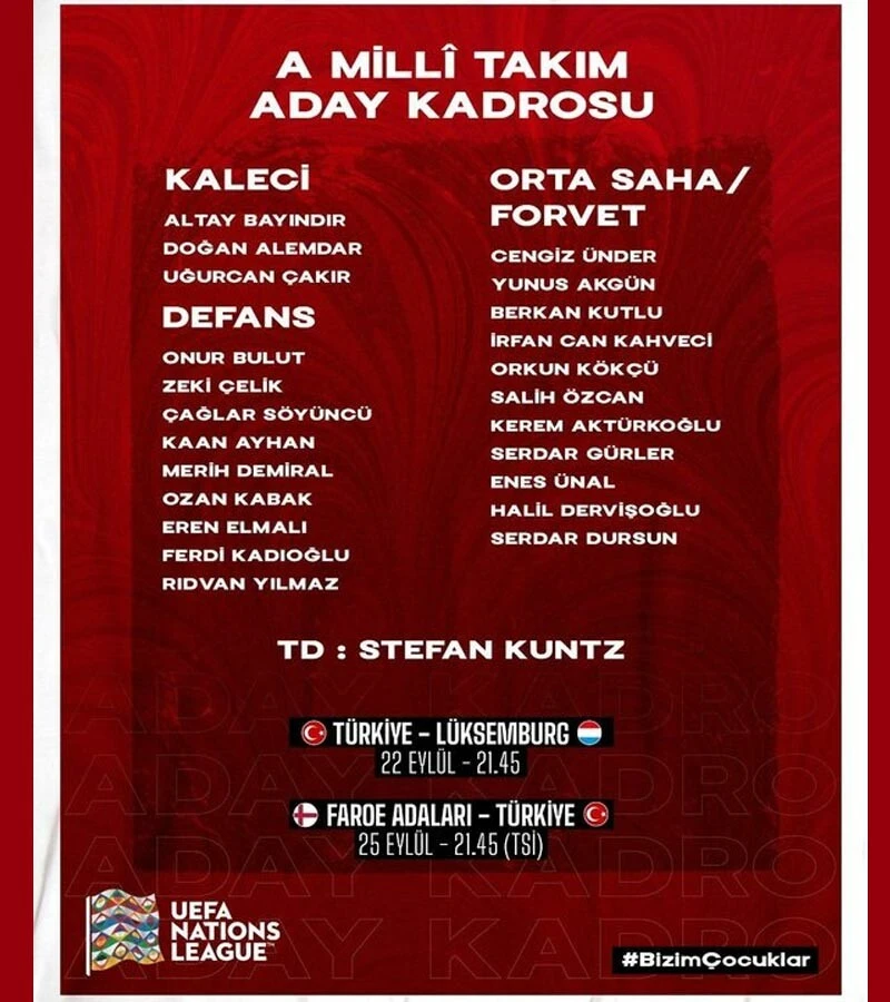 Son dakika! Millilerin Lüksemburg ve Faroe Adaları maçlarının aday kadrosu belli oldu