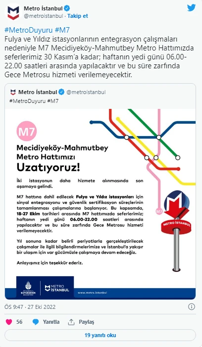 Mecidiyeköy-Mahmutbey metro seferlerinde saat değişikliği