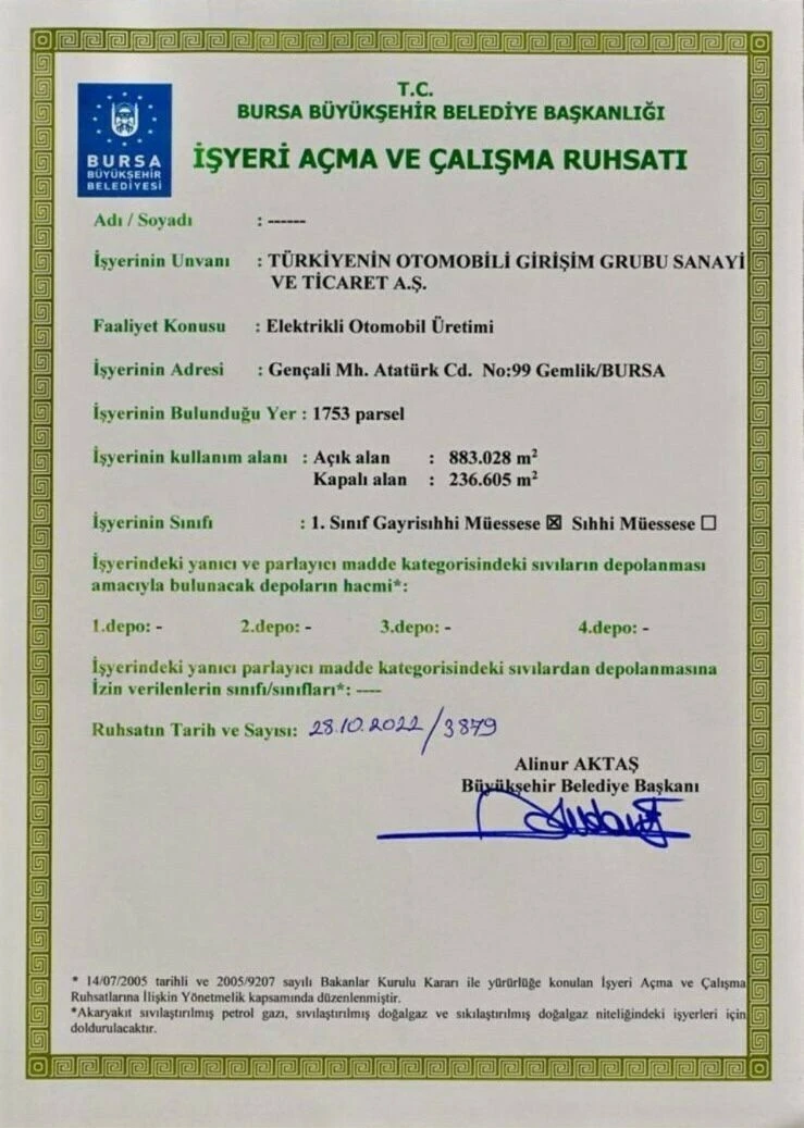 İmzalar atıldı! İşte TOGG Otomobil Fabrikası'nın ruhsatı