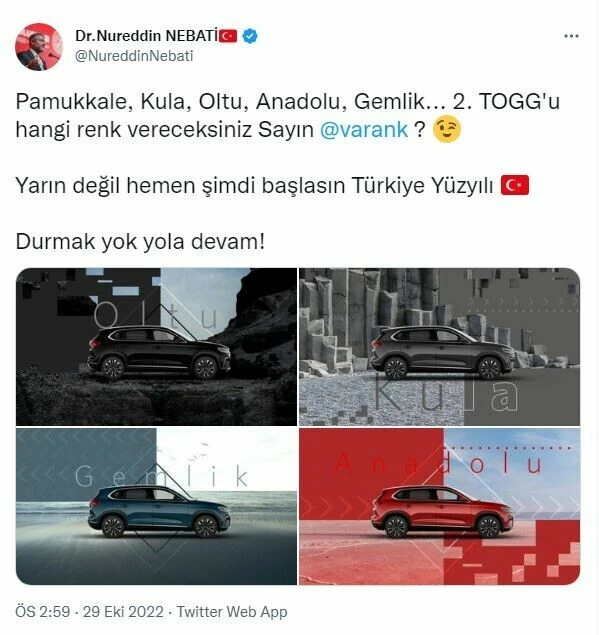 Bakan Nebati, ikinci TOGG'a talip: Hangi renk vereceksiniz sayın Varank?