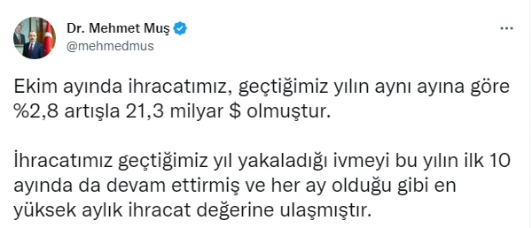 Ekim ayında ihracat 21 milyar dolar oldu