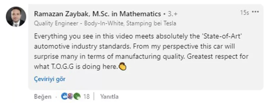 Elon Musk'ın Tesla şirketi TOGG'a hayran kaldı! Kalite mühendisinden övgü dolu sözler