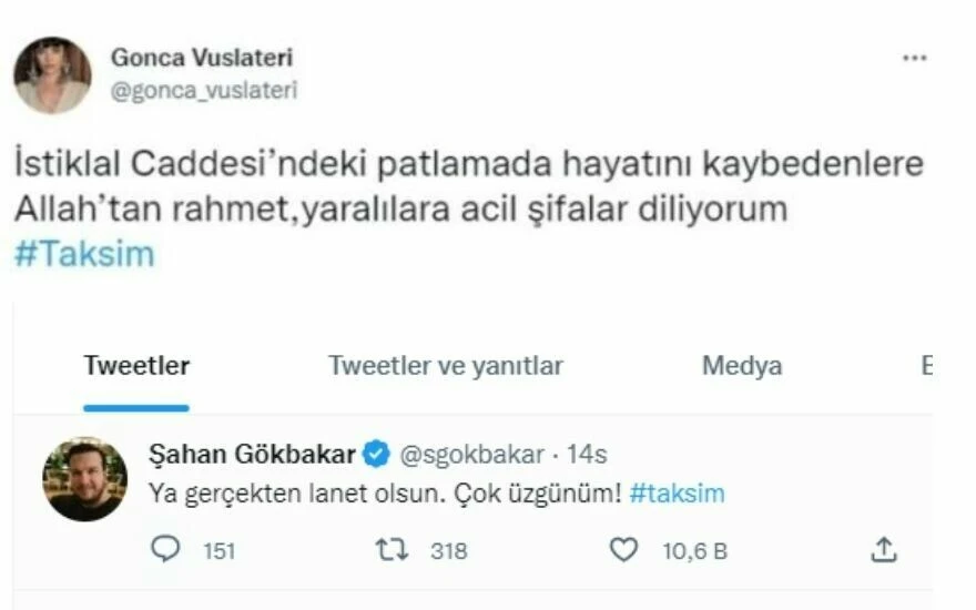Ünlülerden Taksim’deki patlamaya sert tepkiler geldi: “Allah bin belanızı versin”