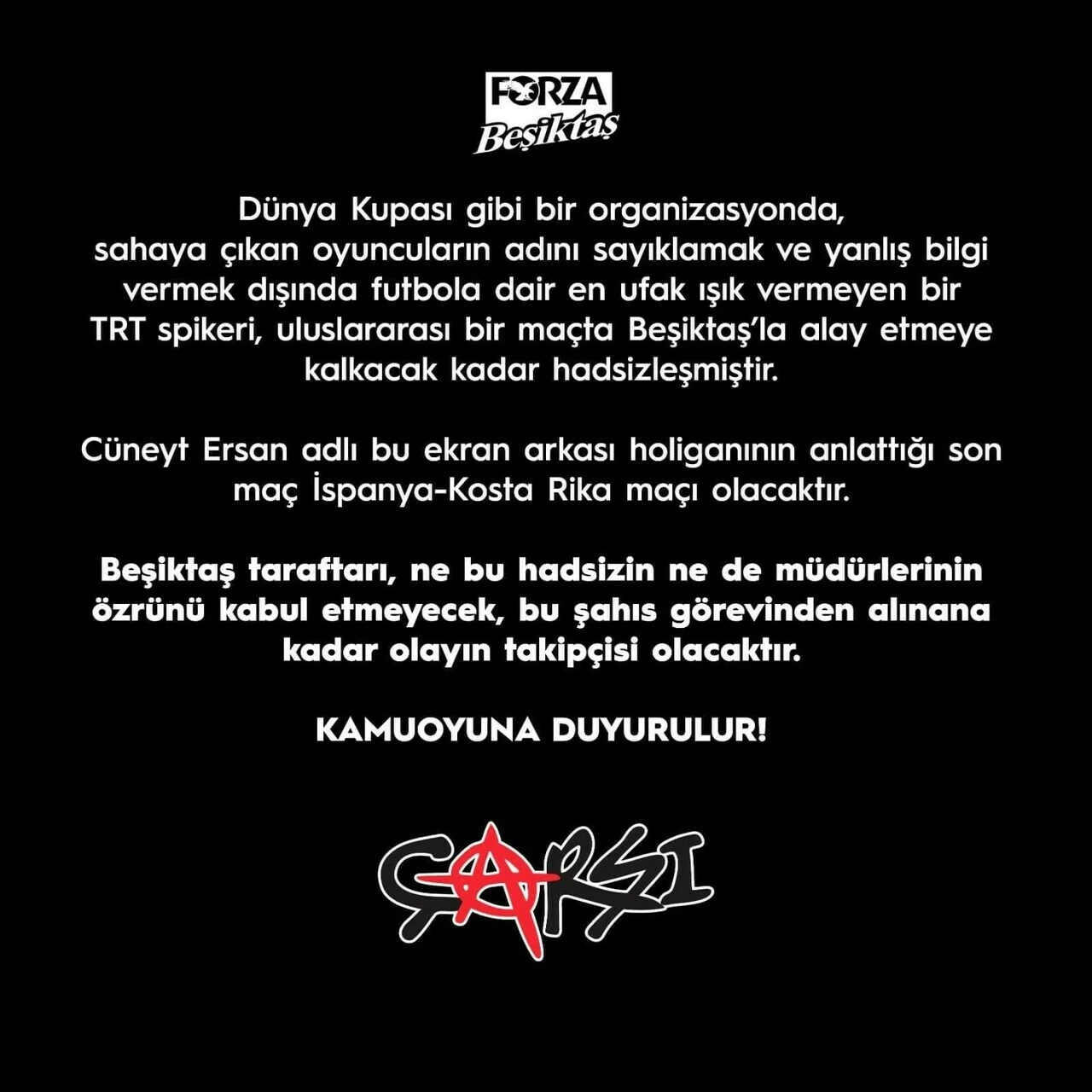 İspanya-Kosta Rika maçını sunan spikerin 8-0 göndermesi Beşiktaşlıları kızdırdı