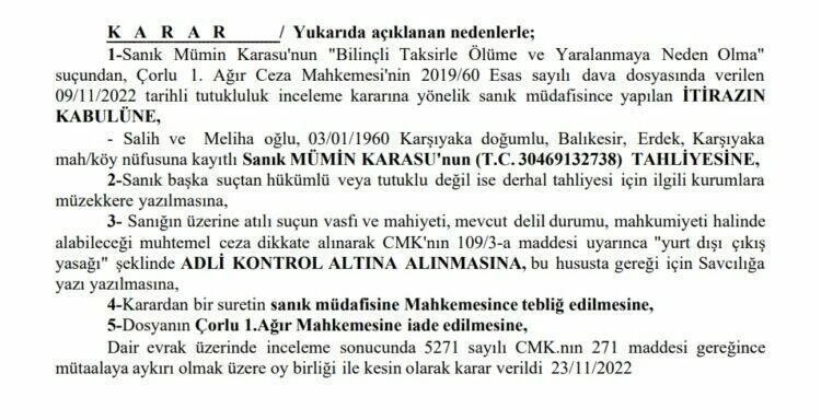 Çorlu tren faciasının tek tutuklu sanığı Mümin Karasu da tahliye edildi