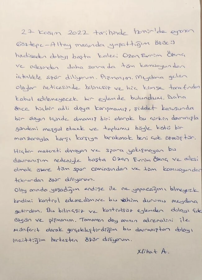 Altay kalecisi Ozan Evrim Özenç’e korner direği ile saldıran maganda özür mektubu gönderdi
