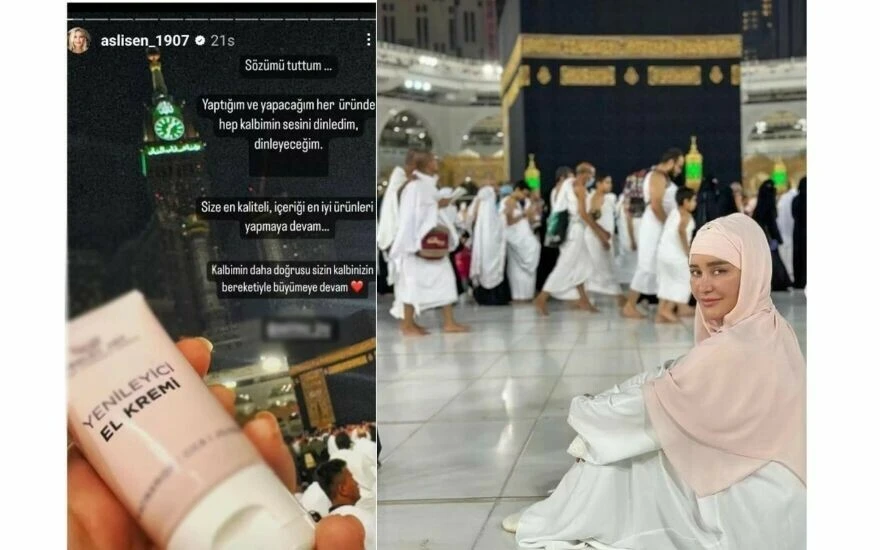Umreye giden iş insanı Aslı Şen, Kâbe’ye karşı kremlerinin reklamını yapınca tepki yağmuruna tutuldu!