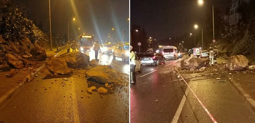 İzmir’de facianın eşiğinden dönüldü: Yamaçtan kopan kaya parçaları otomobilin üstüne düştü