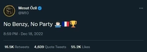 Dünya Kupasını Arjantin’e kaptıran Fransızlara, Mesut Özil’den olay gönderme: Benzema yoksa, parti de yok