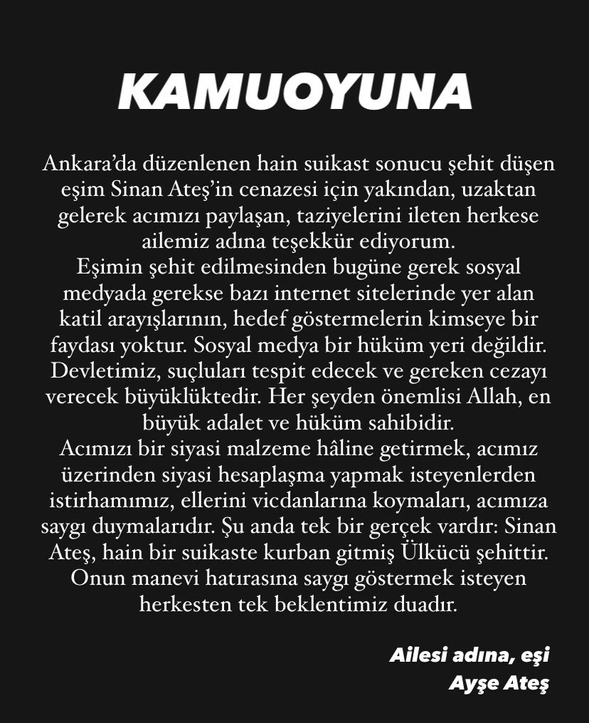 Ülkü Ocakları eski Başkanı Sinan Ateş'in ailesinden ilk açıklama: Devletimiz, suçluları tespit ederek gereken cezayı verecek büyüklüktedir 